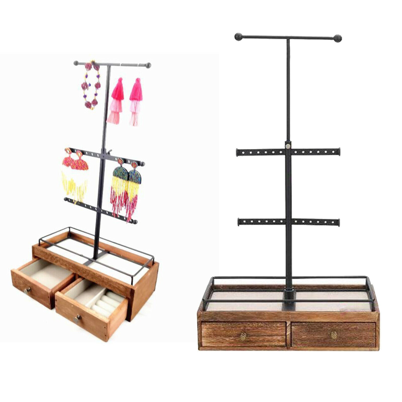 Metal & Wood 3 Tier Jewelry Stand  with Wooden Drawer Storage Box