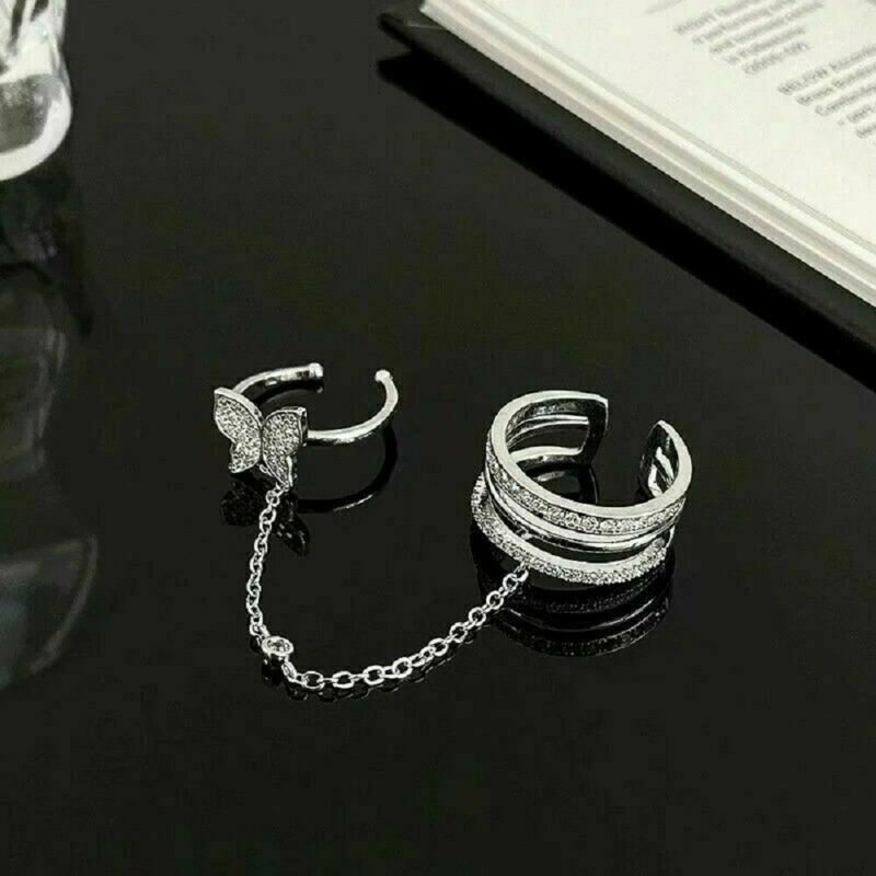 Women 925Silver Butterfly Zircon Ring Adjustable Chain Open Ring Party Jewelry.