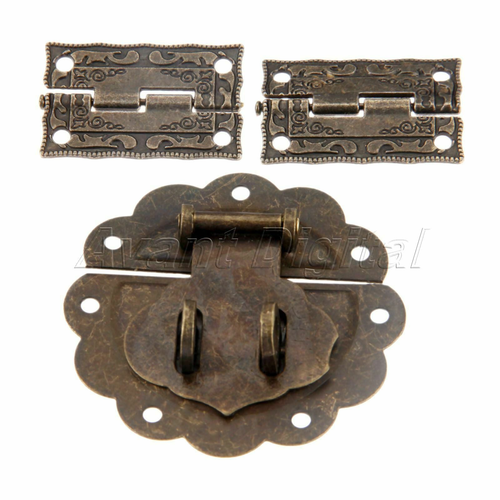 Retro Box Latch Hasp & Hinges Carved Flower Cabinet Drawer Jewelry Box Hardware
