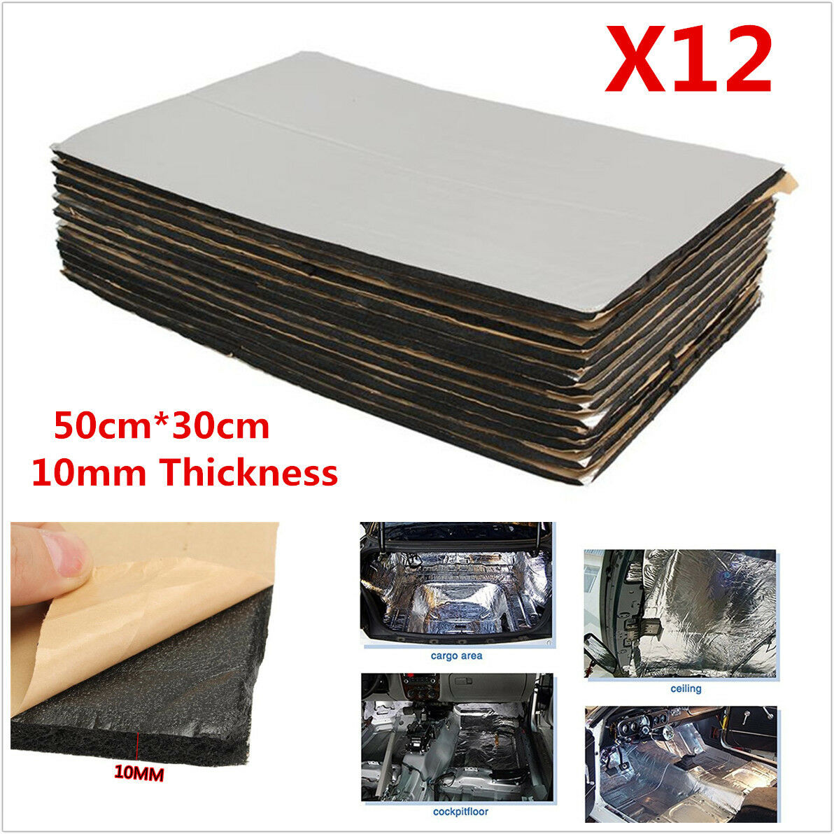 12Pcs 10mm Car Hood Floor Sound Heat Noise Insulation Closed Cell Foam 50cm*30cm
