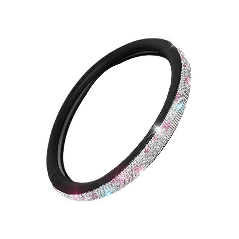15" Car Steering Wheel Cover Rhinestone Shine Bling PU Leather Nonslip Universal