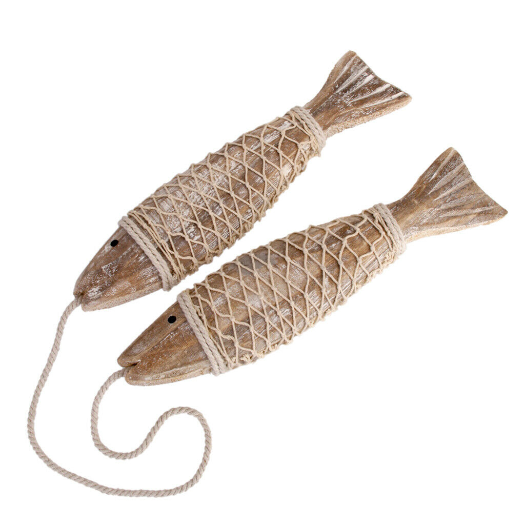 2x Coastal Hand Carved Hanging Wooden Fish Shabby Chic Bathroom Gift Decor