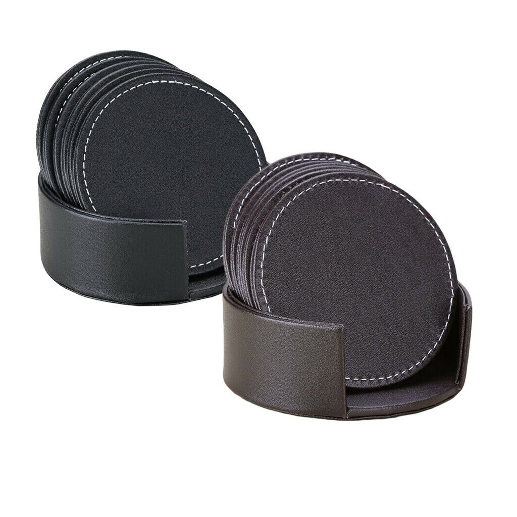 Black PU Leather Drink Coasters Set of 6 Mugs Cups Mats Pats Table Placemats
