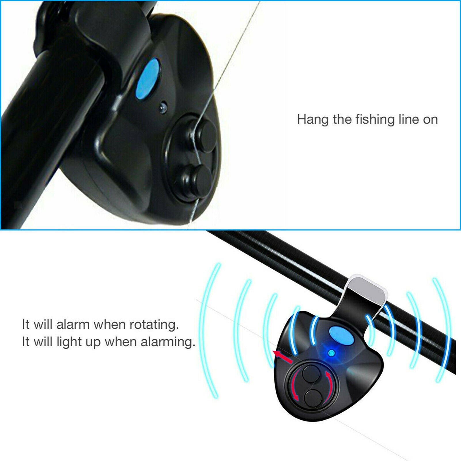 Electronic Fishing Bite Alarm LED Light Sound Alert Bell Clip on Alertor