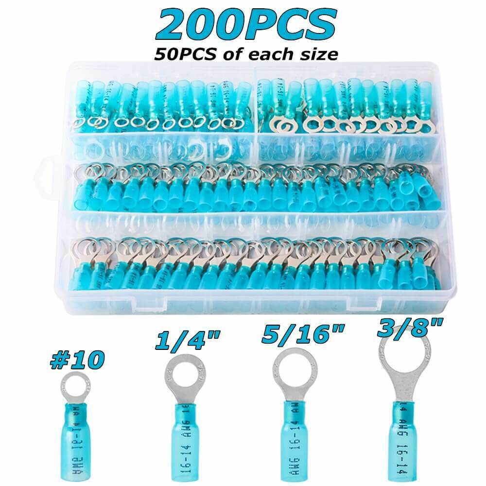 200PCS Ring 16-14AWG Blue Heat Shrink Wire Connectors Waterproof Seal Terminal
