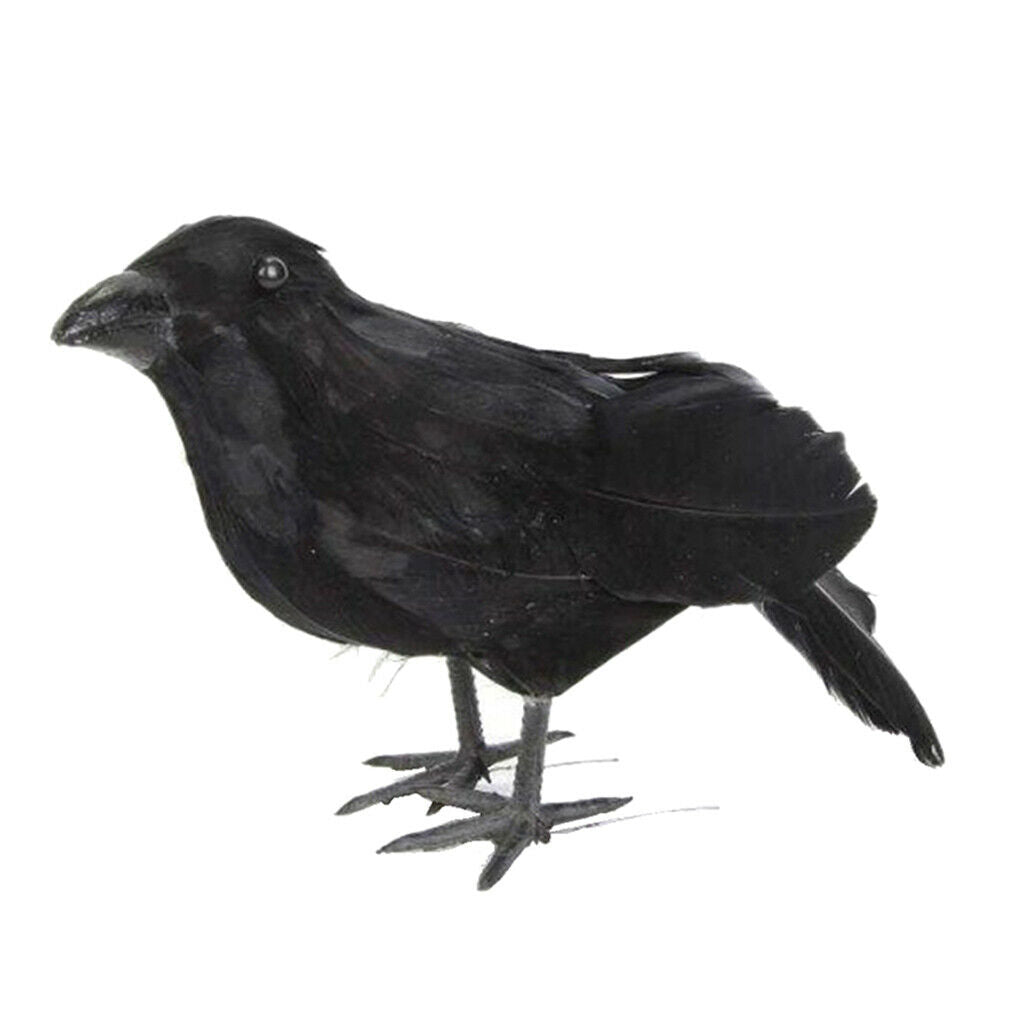 Vivid Crow Bird Statue Halloween Realistic Black Feathered Crows Decor