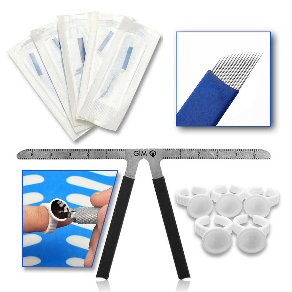 Eyebrow Tattoo Microblading Needle Pen Ink Practice Skin Finger Ring Ruler Blue