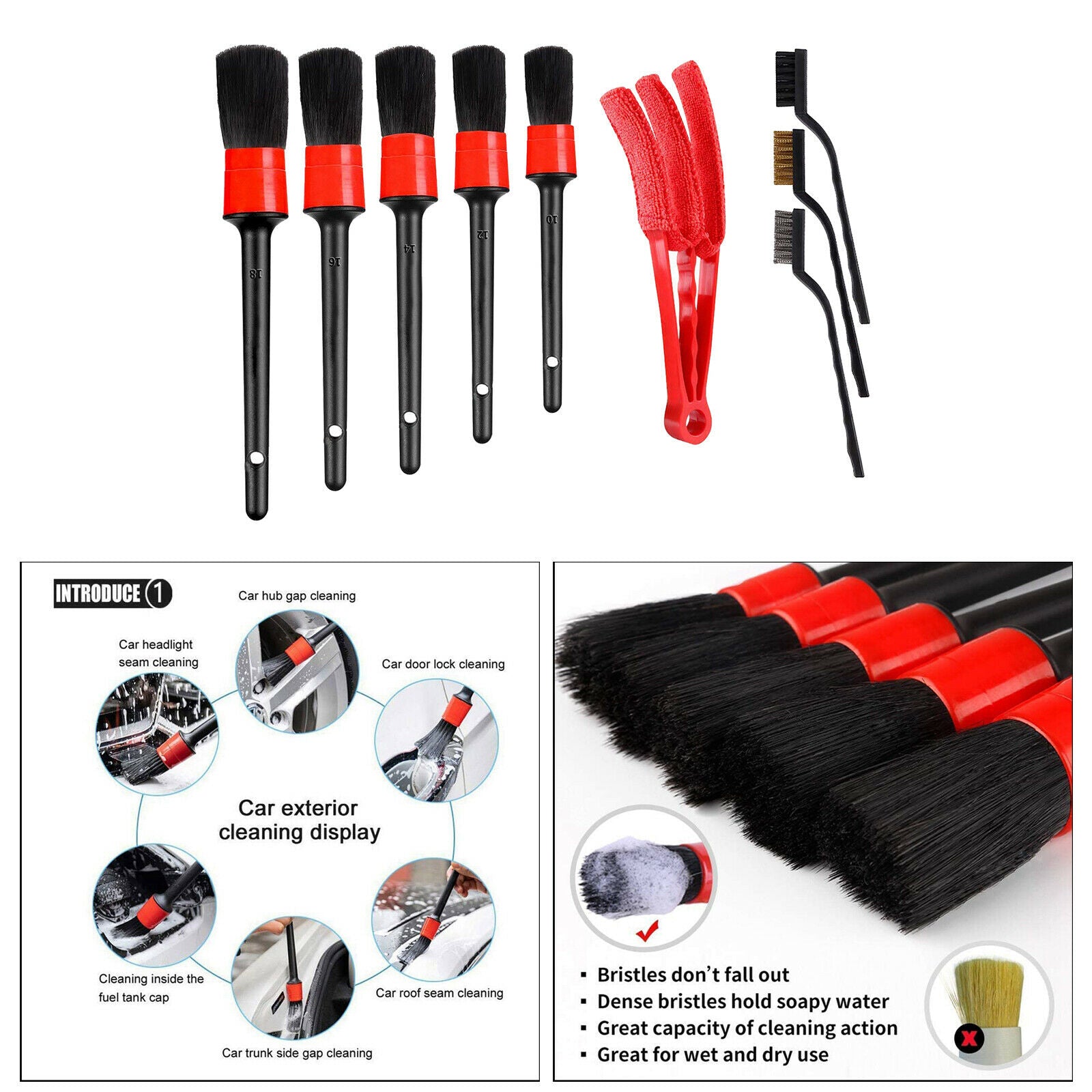 9Pieces Car Detailing Brush Kit Automobile for Tires Wheel Clean Brush