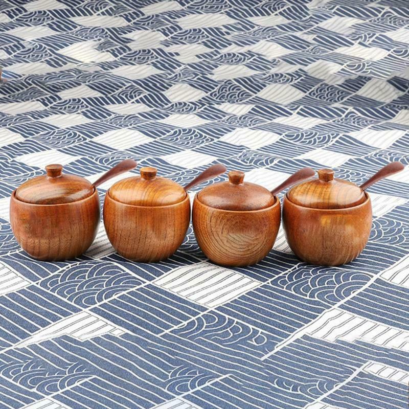 Wooden Salt Box Condiment Seasoning Storage Container Spice Box With Spoon