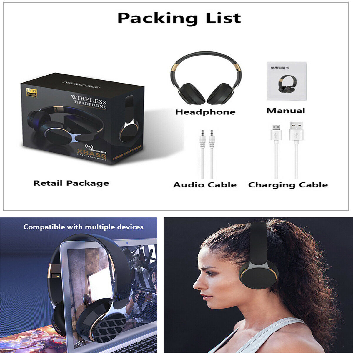 1PCS Foldable Bluetooth 5.0 Wireless Headset Stereo Adjustable Touch Control