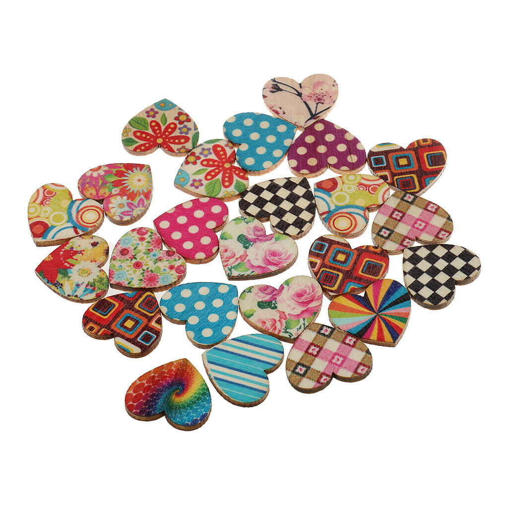 100 Pieces Multicolor Printed Heart Shape Wooden Pieces Wedding Favors