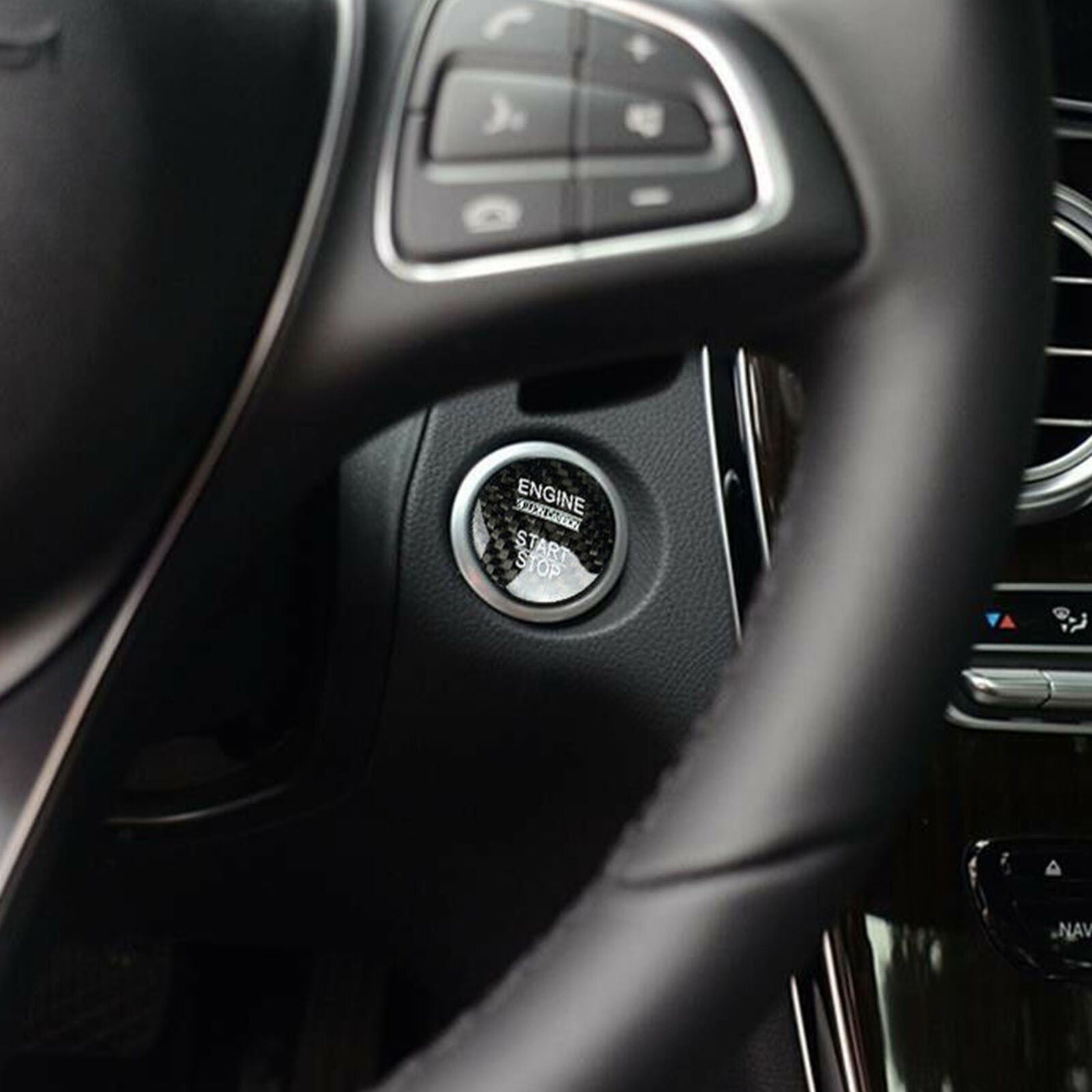 Black Carbon Fiber Engine Start Stop Button Cover Cap Trim For Mercedes-Benz