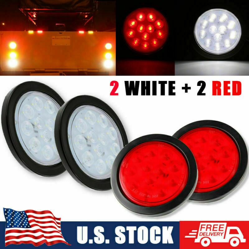 4" Round Led Stop Turn Tail Lights Trailer Truck Backup Reverse 2 Red + 2 White