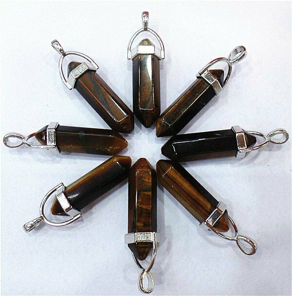 25Pcs 42x9mm Natural Tiger Eye Gem Point Chakra Healing Six Angle Pendant HH7997