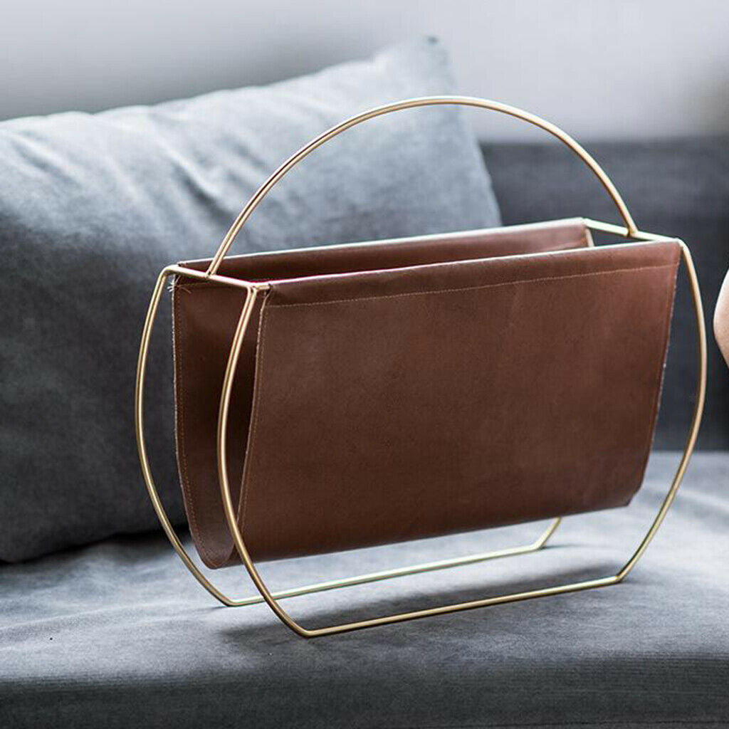 Magazine Rack Metal Desktop Newspaper Files Holder Organizer PU Pocket Elegant