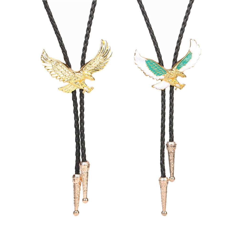 2Pack Retro Style Metal Eagle Bolo Tie Western Leather Cord String Necklace