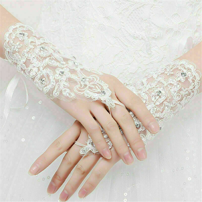 New Lace white Fingerless Short Paragraph Rhinestone Bridal Wedding Gloves