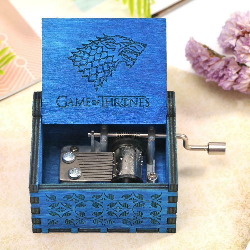 Retro Blue Wood Hand Cranked Music Box Child Xmas Gift Home Decor Ornament @