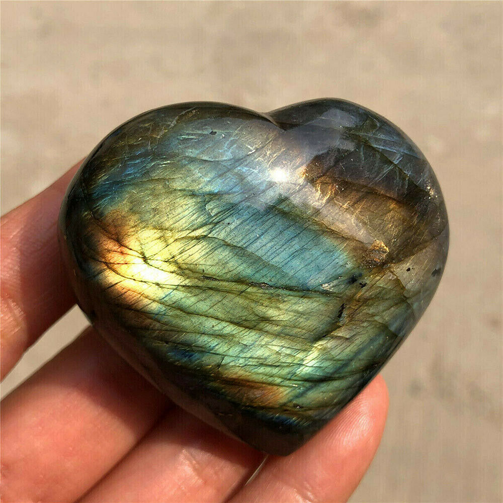 100% Natural Rainbow Labradorite Heart Quartz Crystal Carved Reiki Healing New