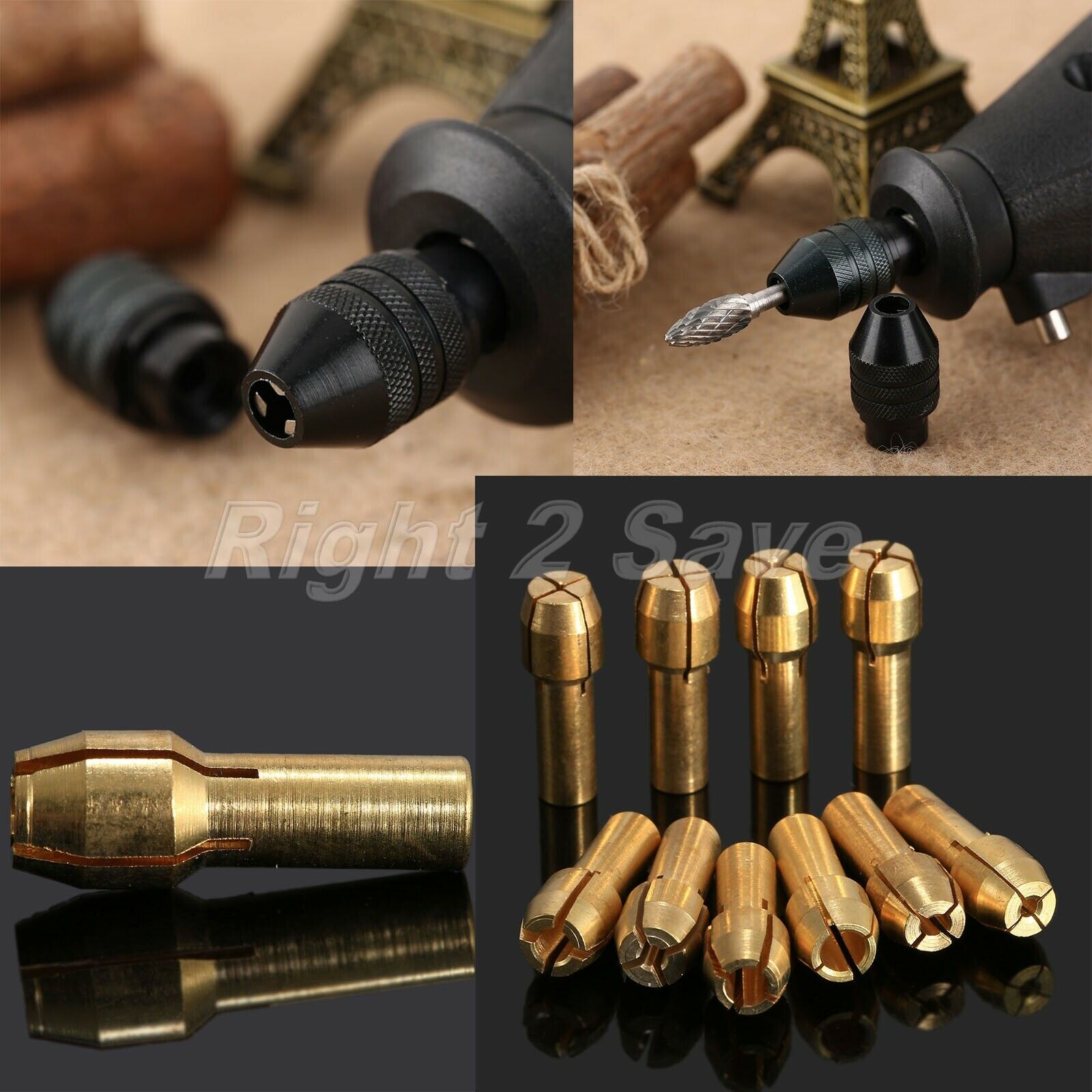 0.5mm-3.2mm Brass Collets 4.8mm Shank & Long Tail Keyless Chuck Rotary Tool R2S