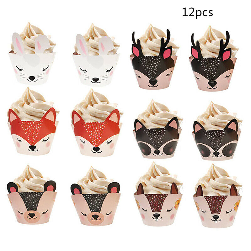 12pcs Woodland Animal Fox Cupcake Topper Wrappers Fiesta Birthday Party S.l8