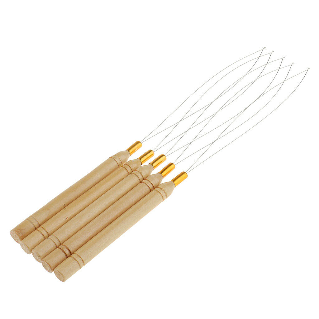 5Pcs Micro Rings Wooden Handle Loop Needle Hair Extension DIY Hook Tool