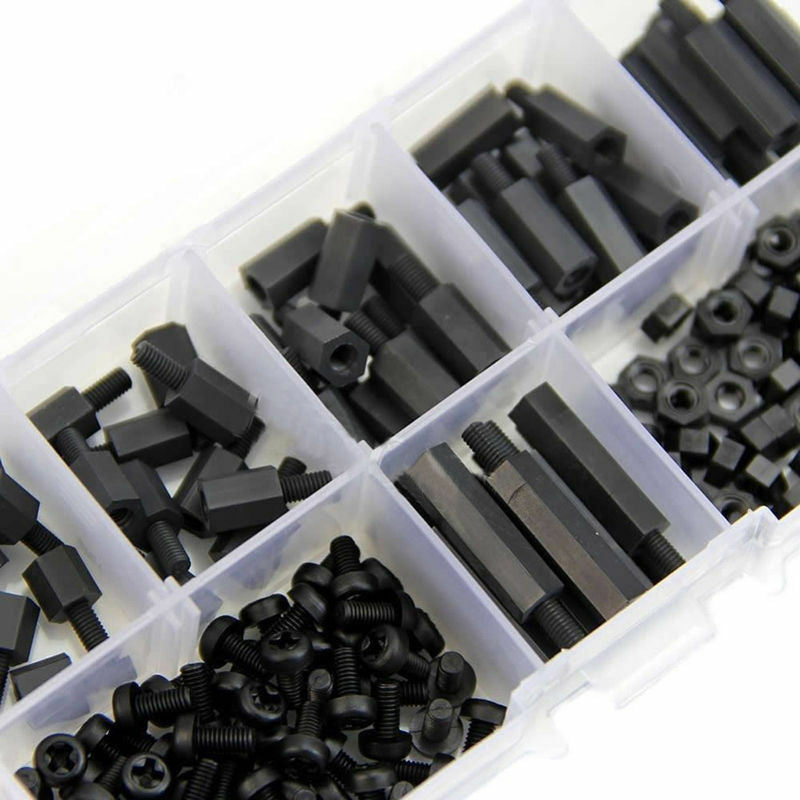 180Pcs M3 Nylon Black M-F Hex Spacers Screw Nut Assortment Kit Standoff Black