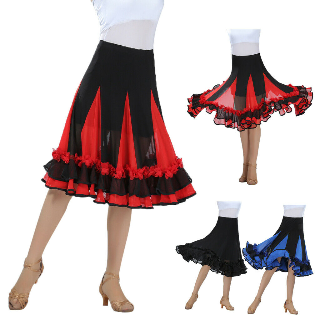 Flamenco Ballroom Waltz Dance Big Swing Skirt Tulle Modern Costume Black