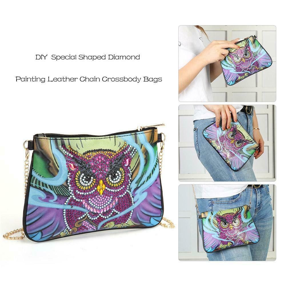 DIY Owl Special Shaped Diamond Painting Leather Crossbody Bags Chain Clutch @