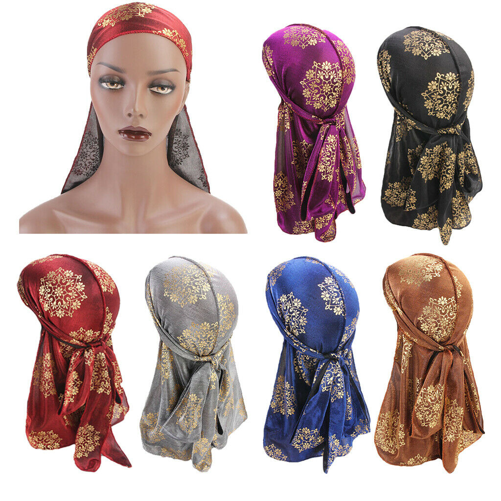 Men Women Silky Print Bandana Hat Durag Long Tail Headwrap Headwear Purple