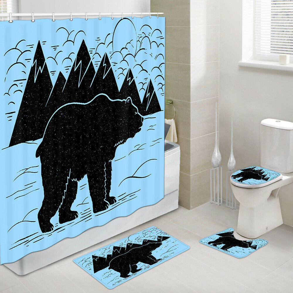 4PCS Rustic Bear Shower Curtain Bathroom Set with Rugs Toilet Lid Seat Cover