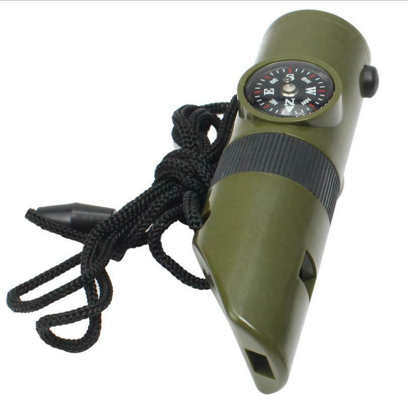 7in1Outdoor Lifesaving Whistle Compass Thermometer LED Flashlight Fire Magnifier
