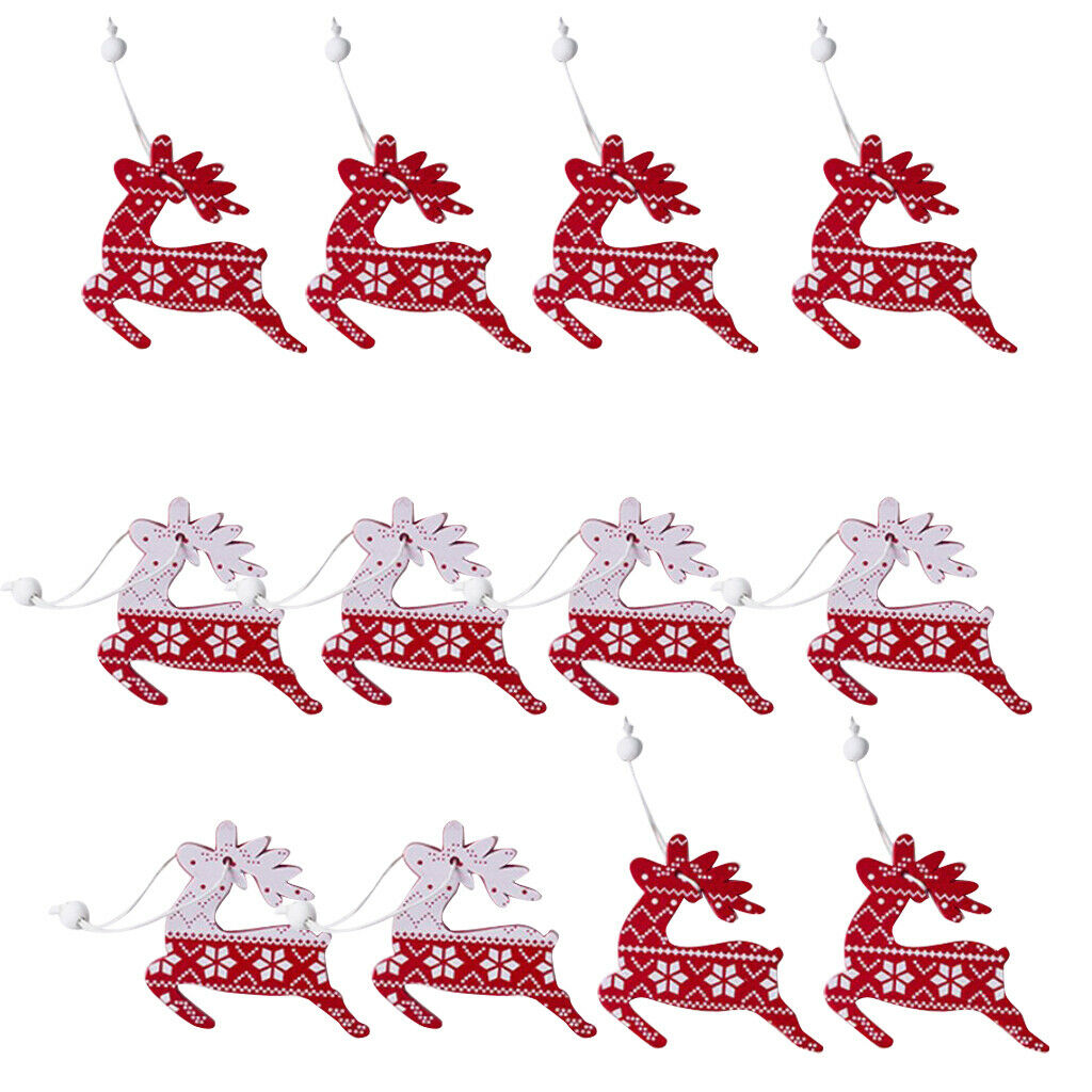 12pcs Christmas Elk Wooden Hanging Tags With Jute Twine In Box Red And White