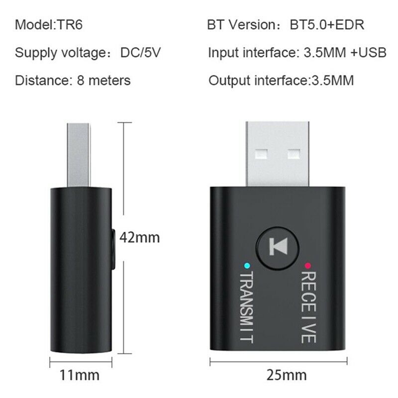 2Pcs Portable Bluetooth 5.0 Transmitter Receiver 3.5mm AUX USB Mini 2 in 1 WirY1