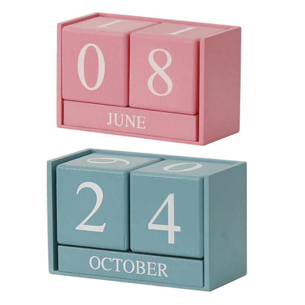 Wooden Perpetual Calendar Desktop Block Wood Calendar for Home Office Blue