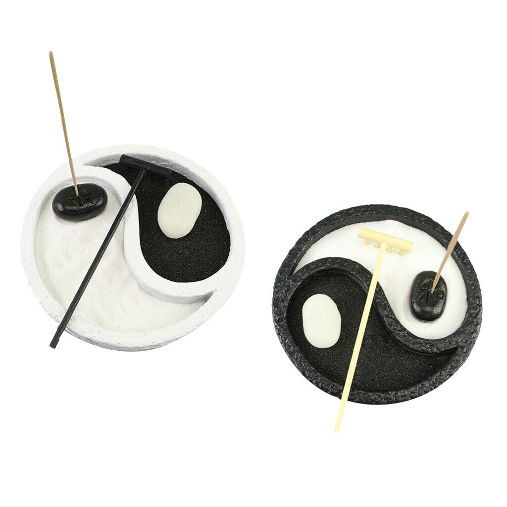 15cm Round Mini Yin Zen Garden w/Rake Desktop Meditating Sandbox Decor Black