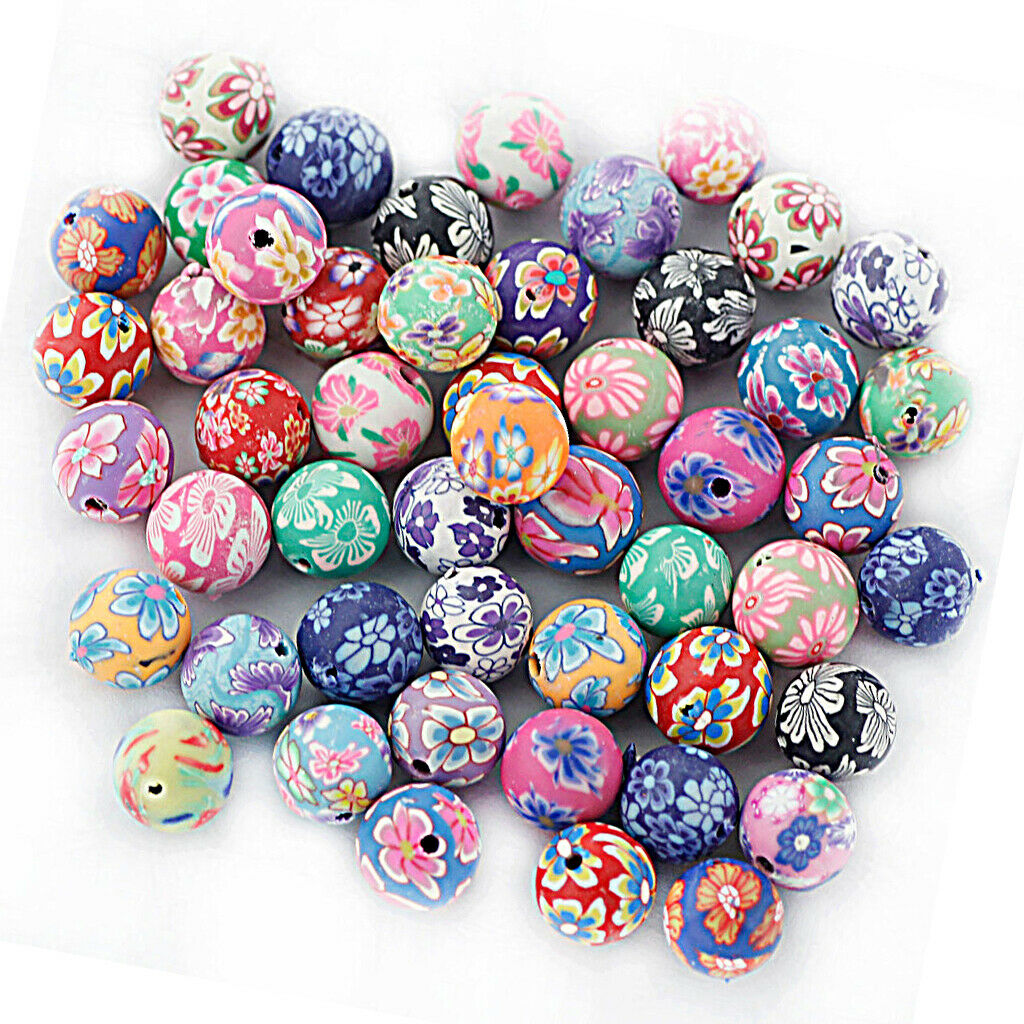 50PCS Assorted Floral Polymer Clay Round Beads for Jewelry Bracelets Making