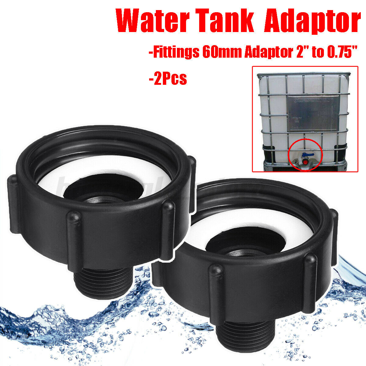 2 x 1000L IBC 2" (60mm) To 3/4" (20mm) Water Tank Garden Hose Adapter  Î¶