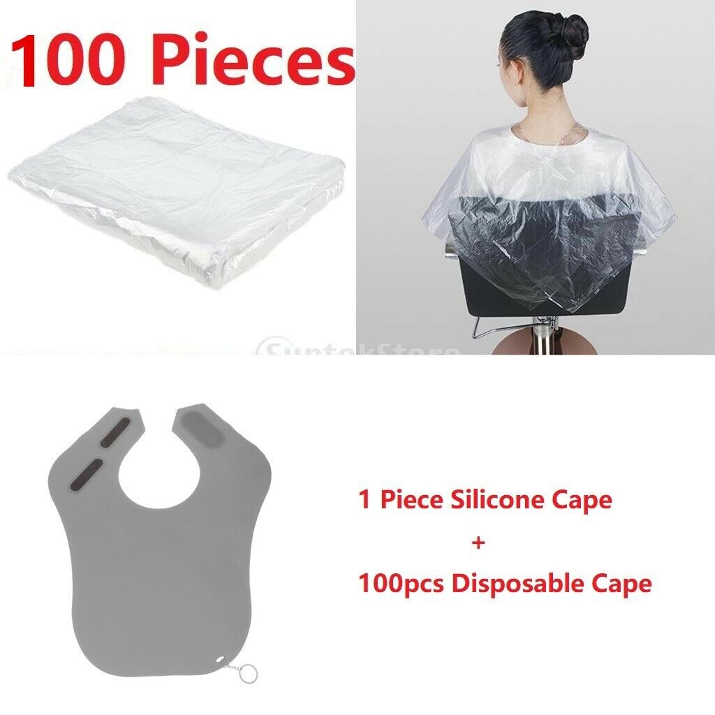 Adjustable Silicone Barber Shawl Apron w/ 100pcs Disposable Capes Gown Bib