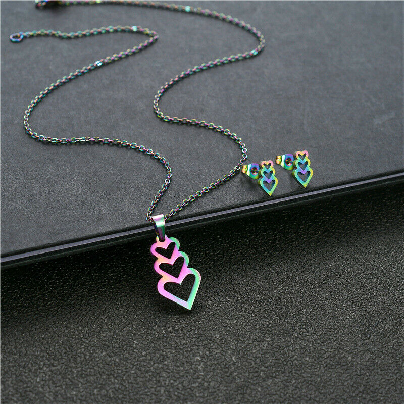 Three Heart Jewelry Set Stainless Steel Love Rainbow Pendant Necklace Earrings