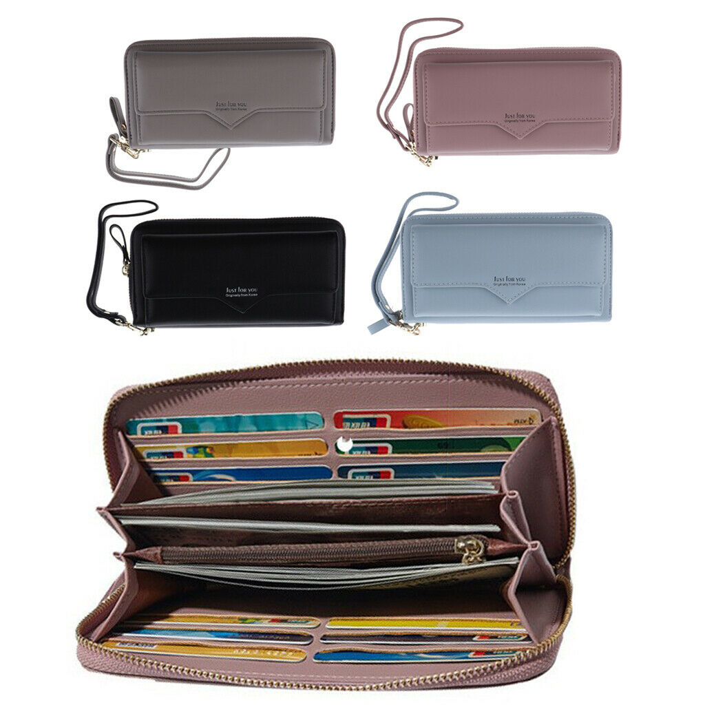 Women PU Leather Wallet Long Bifold Wristlet Purse Clutch Card Holder Black