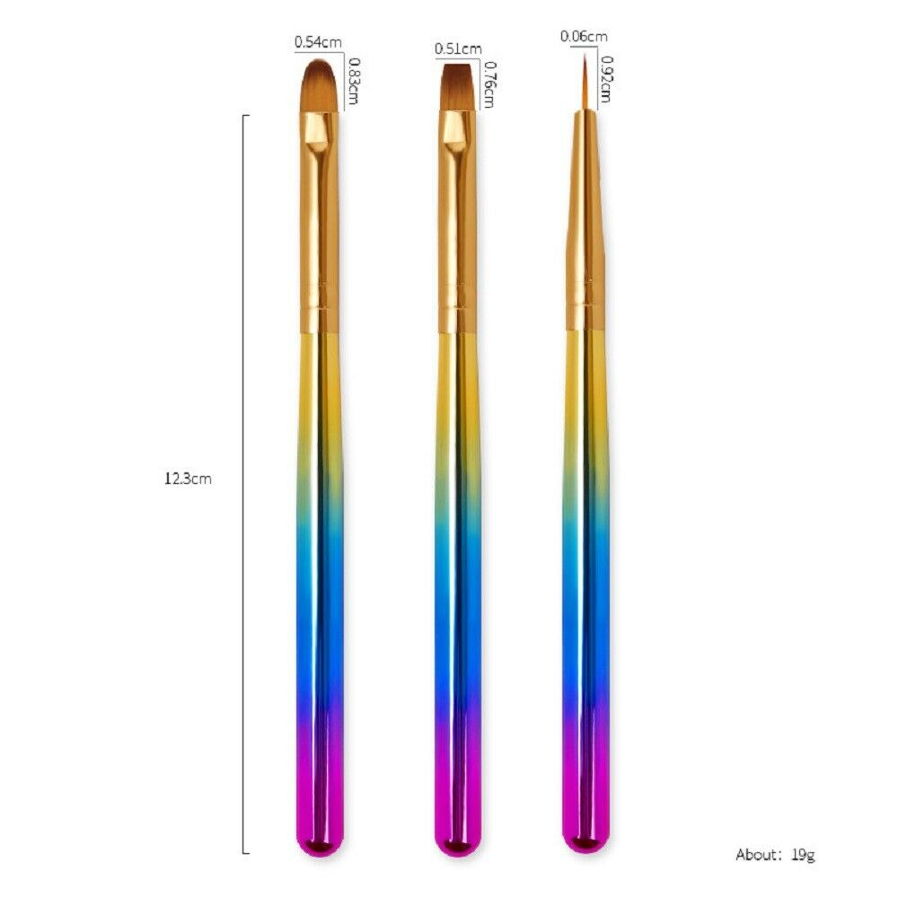 3x Acrylic Nail Art Pen Tips UV Builder Gel Painting Brush Manicure Brushes Set.