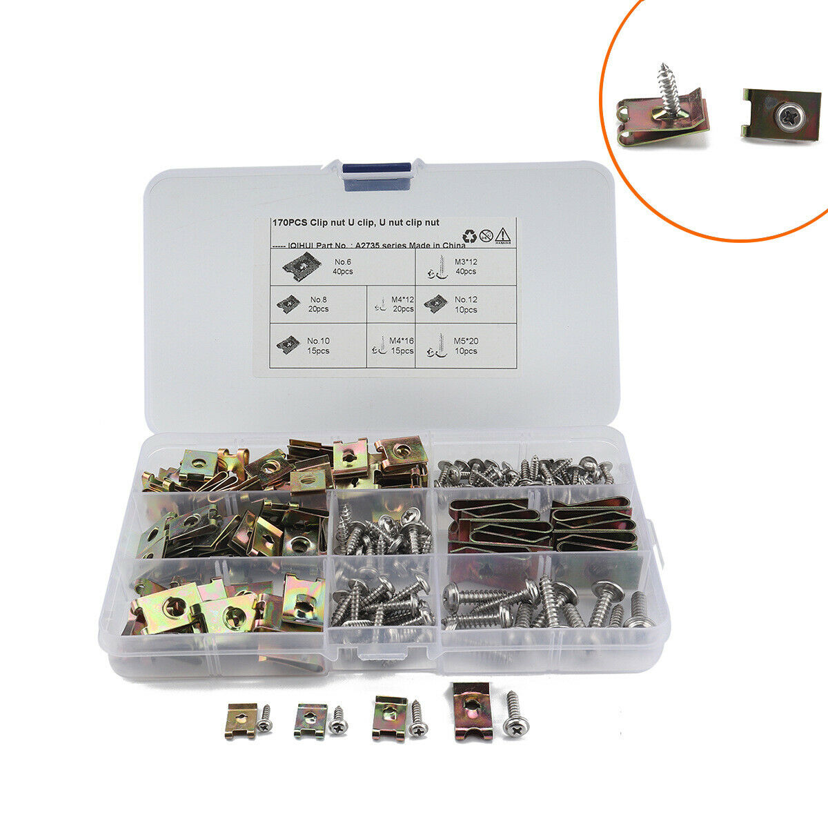 170Pcs Spire Clips U Nuts Fasteners Flange Tapping Screws Parts Assortment Kits