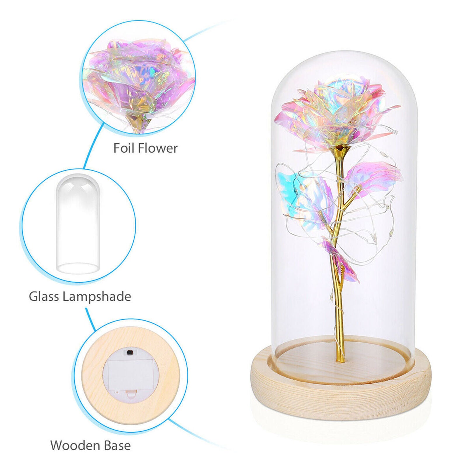 Crystal Galaxy Rose in the Glass Dome 20 Led Lights Gift for Girlfriend Mom Wife