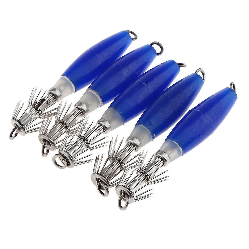 5pcs Luminous Blue Squid Jigs Glow in Dark Tackle Saltwater Fishing Lures