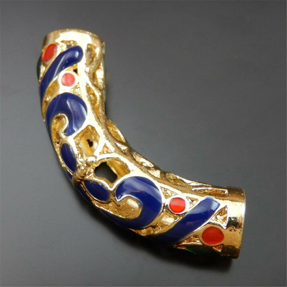 3 Golden Hollow Bent Floral Tube Bead Charm Enamel Alloy Pendant Jewelry 46*10mm