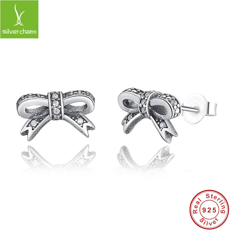 925 Sterling Sparkling Bow Stud Earrings With Clear CZ For Women Fashion Jewelry