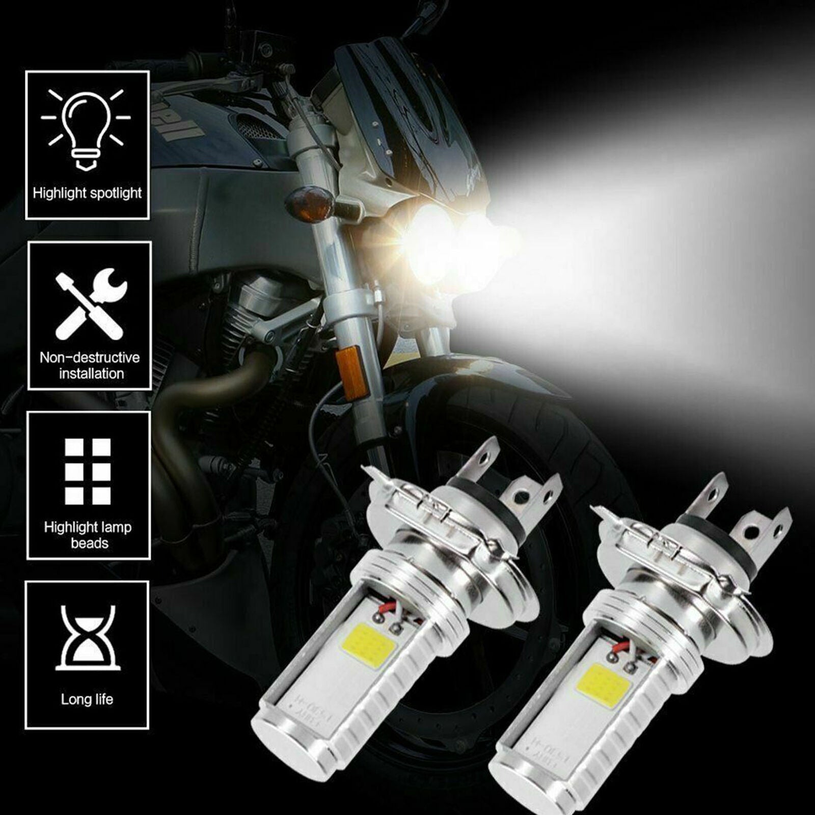 2x H4 LED Bulb Hi / Low Beam Auto Motorcycle Motor Vehicle Headlight Light 6500K