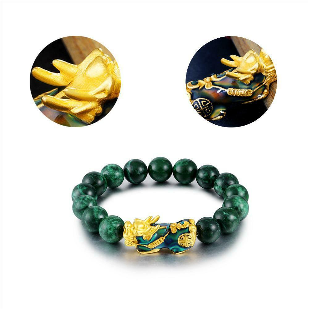 Natural Green Jade  Beads Wealth Golden Feng Shui Pixiu Bracelet 10mm Gift