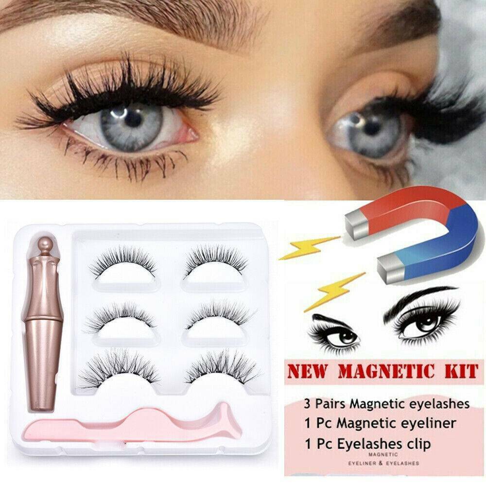 3 Pairs Waterproof Magnetic Eyeliner Eyelashes and Tweezer Long Lashes Kit 2019